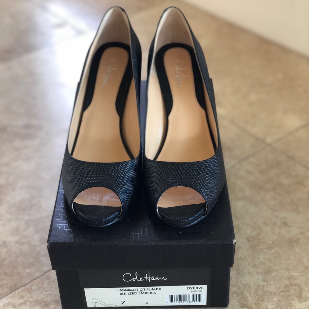 Cole Haan embossed leather peep toe heels